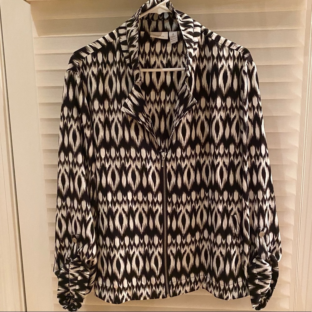 Chico's Black and White Patterned Zip-Front Jacket